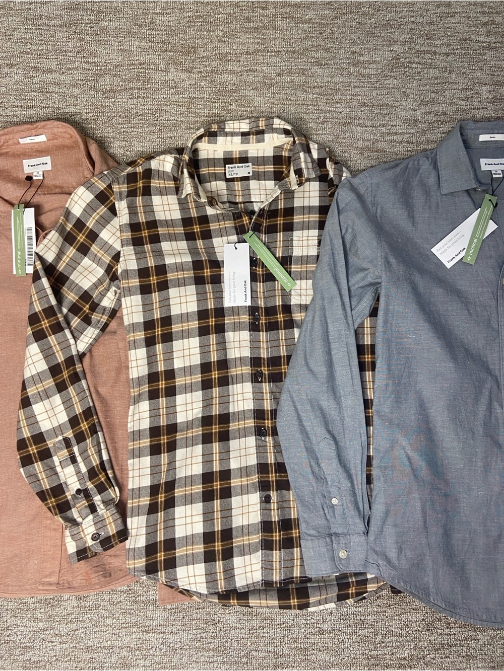 Frank & Oak Brand New Budle Of 3 Terracotta, Cream Plaid, Blue Button-Down Shirt